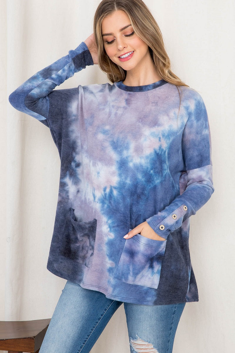 Long sleeve tie dye pocket front top Navy