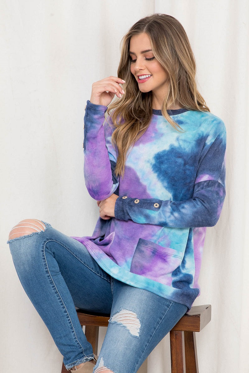 Long sleeve tie dye pocket front top purple