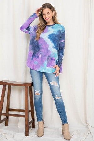 Long sleeve tie dye pocket front top purple