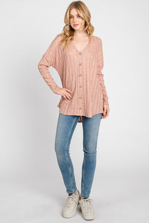 Long sleeve waffle button front top Mauve