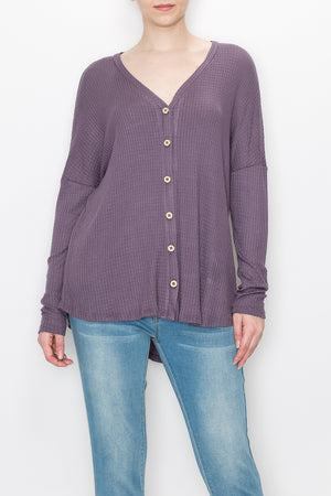 Long sleeve waffle button front top Lilac