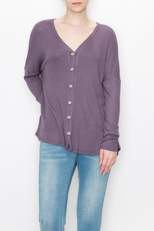 Long sleeve waffle button front top Lilac