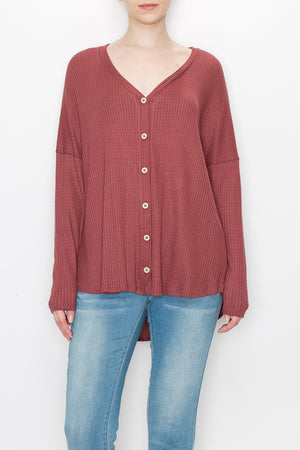 Long sleeve waffle button front top Marsala