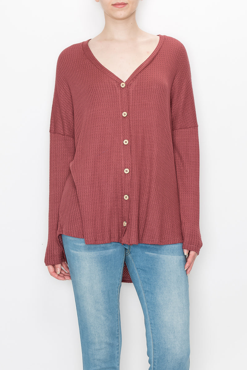 Long sleeve waffle button front top Marsala