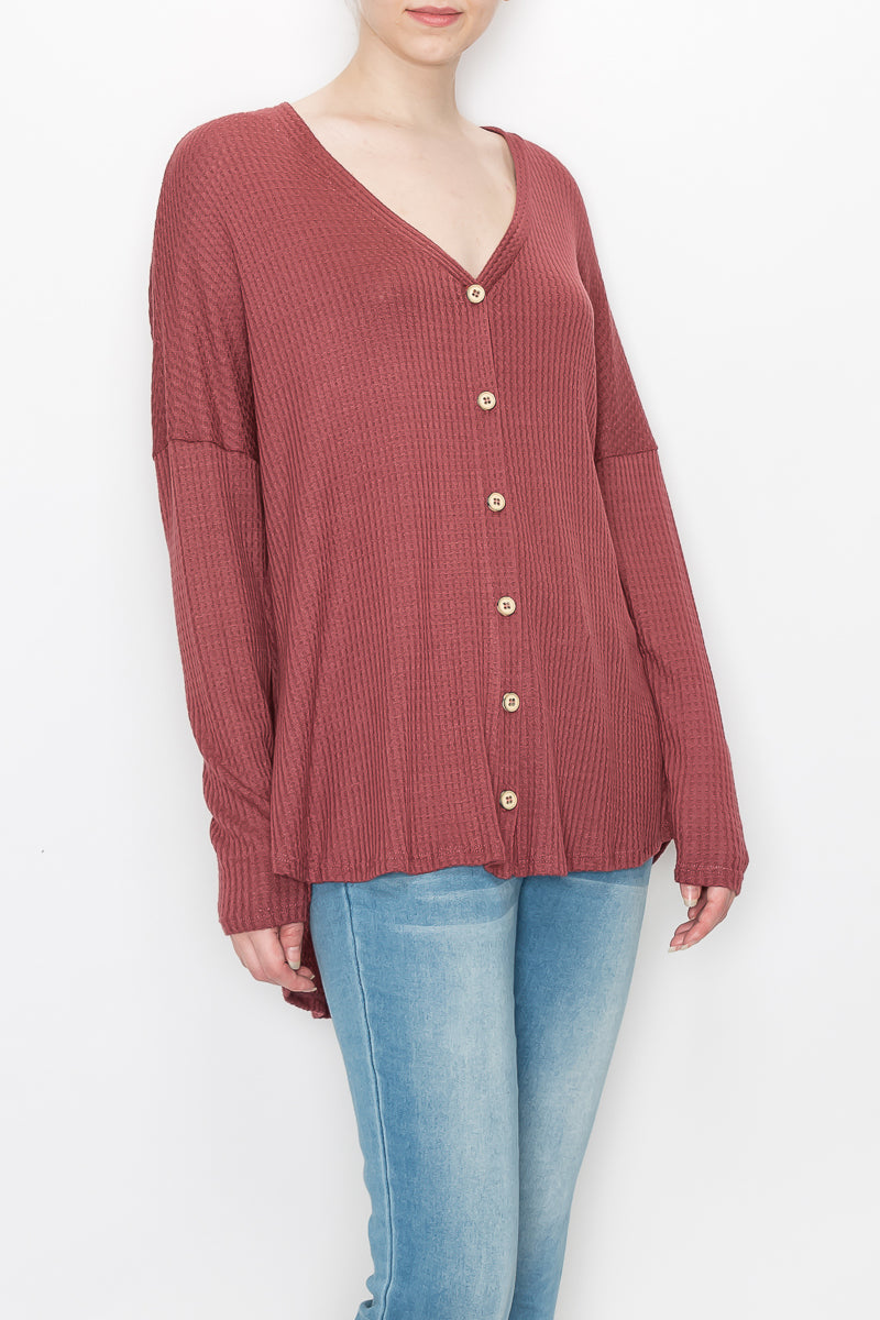 Long sleeve waffle button front top Marsala