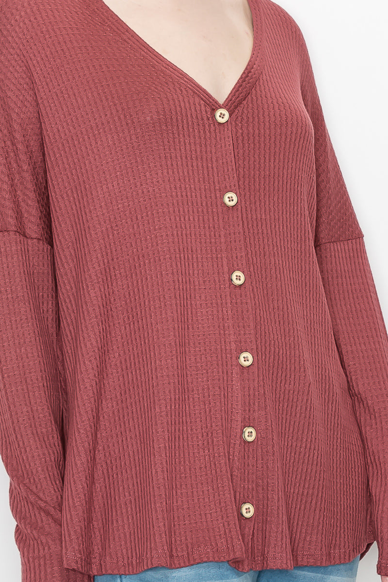 Long sleeve waffle button front top Marsala