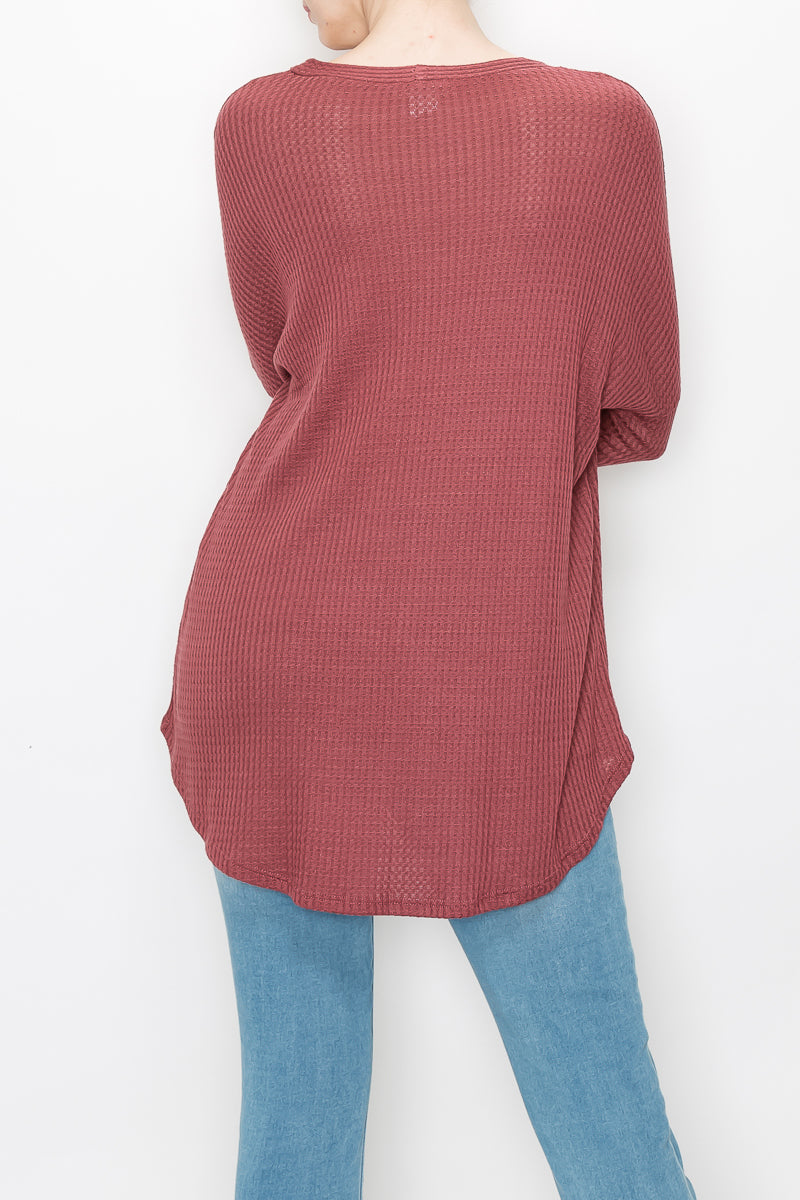 Long sleeve waffle button front top Marsala