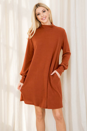 Long sleeve mock neck pocket rust dress