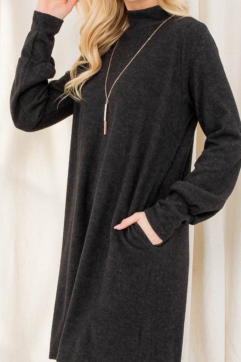 Long sleeve mock neck pocket charcoal dress