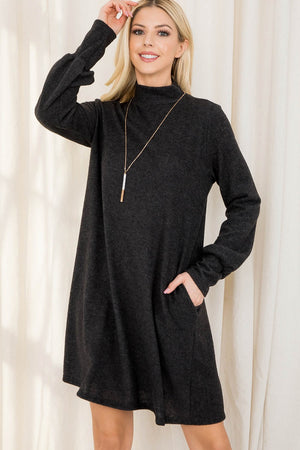 Long sleeve mock neck pocket charcoal dress