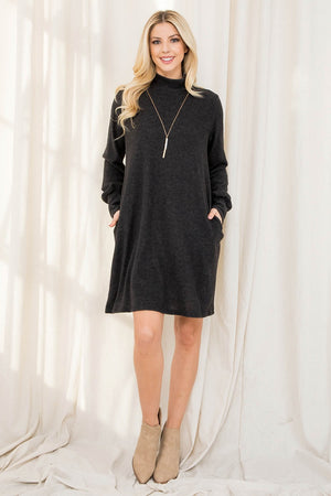 Long sleeve mock neck pocket charcoal dress