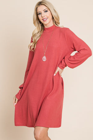 Long sleeve mock neck pocket marsala dress