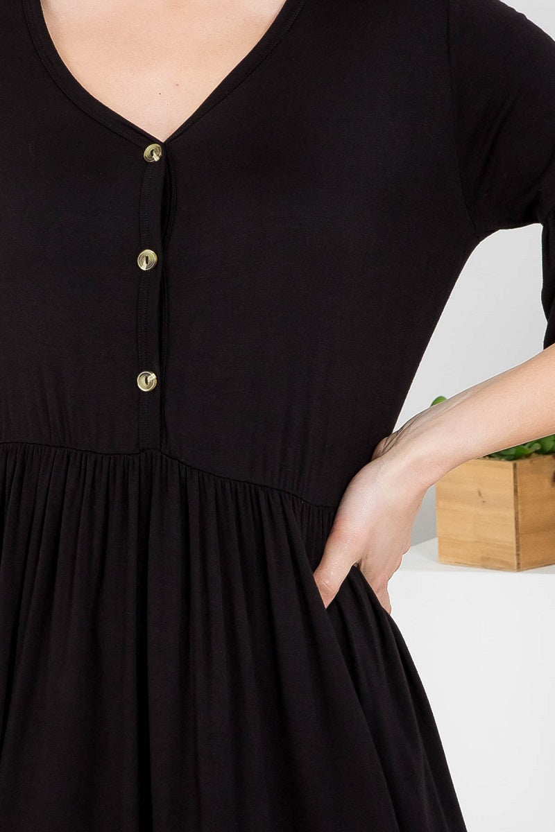 Short sleeve button front midi black dress