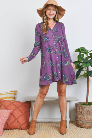 Long sleeve button down paisley print plum dress