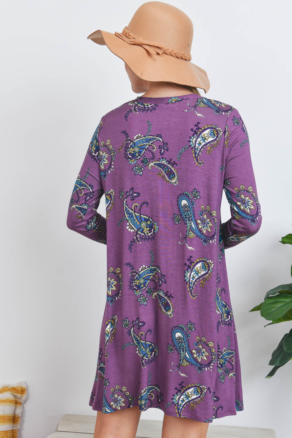 Long sleeve button down paisley print plum dress