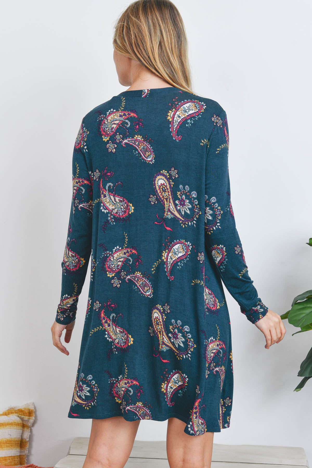 Long sleeve button down paisley print teal dress