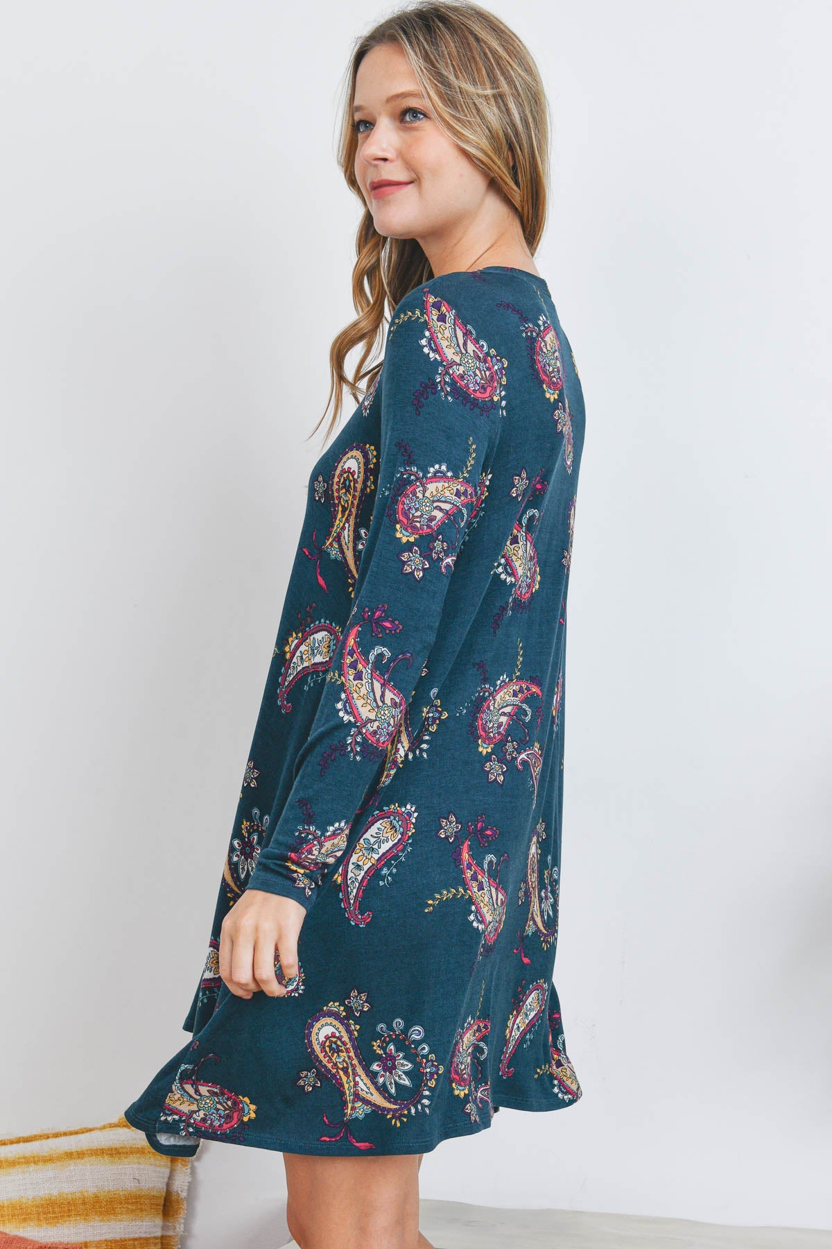 Long sleeve button down paisley print teal dress