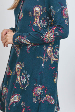 Long sleeve button down paisley print teal dress