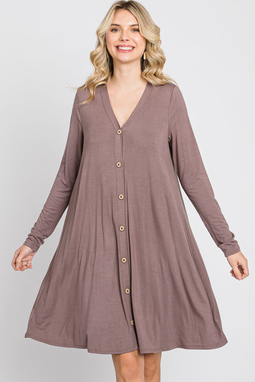 Long Sleeve v neck button down casual mocha dress