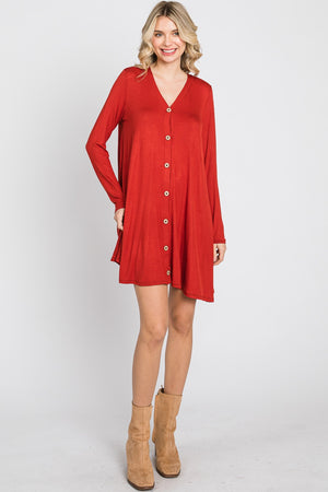 Long Sleeve v neck button down casual rust dress