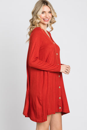 Long Sleeve v neck button down casual rust dress