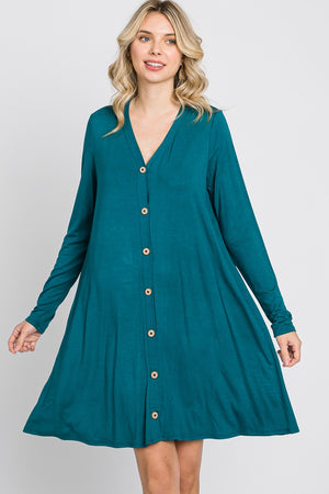 Long Sleeve v neck button down casual teal dress