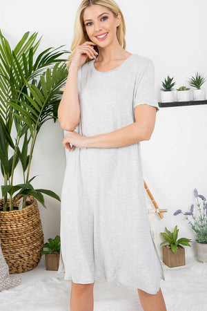 Short sleeve open side crew neck heather grey color dress