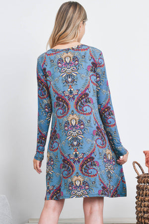 Long sleeve paisley print pocket front dress