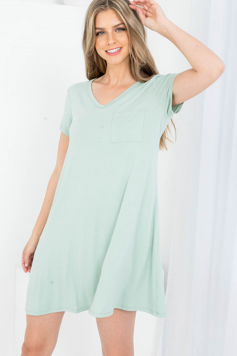 V neck T-shirt dress with pockets a line sage color dress