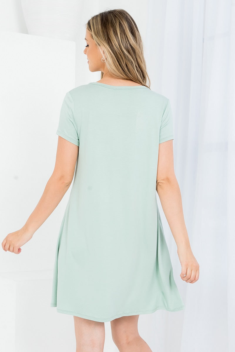 V neck T-shirt dress with pockets a line sage color dress