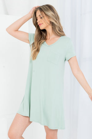 V neck T-shirt dress with pockets a line sage color dress