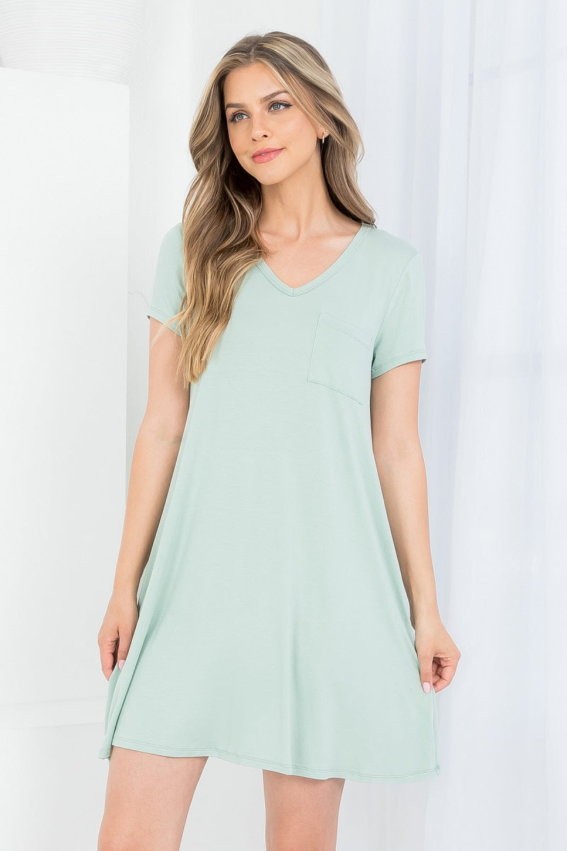 V neck T-shirt dress with pockets a line sage color dress