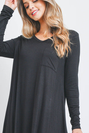 Long sleeve pocket front swing black dress