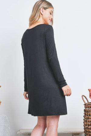 Long sleeve pocket front swing black dress