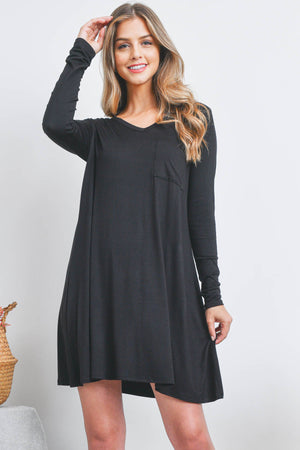 Long sleeve pocket front swing black dress