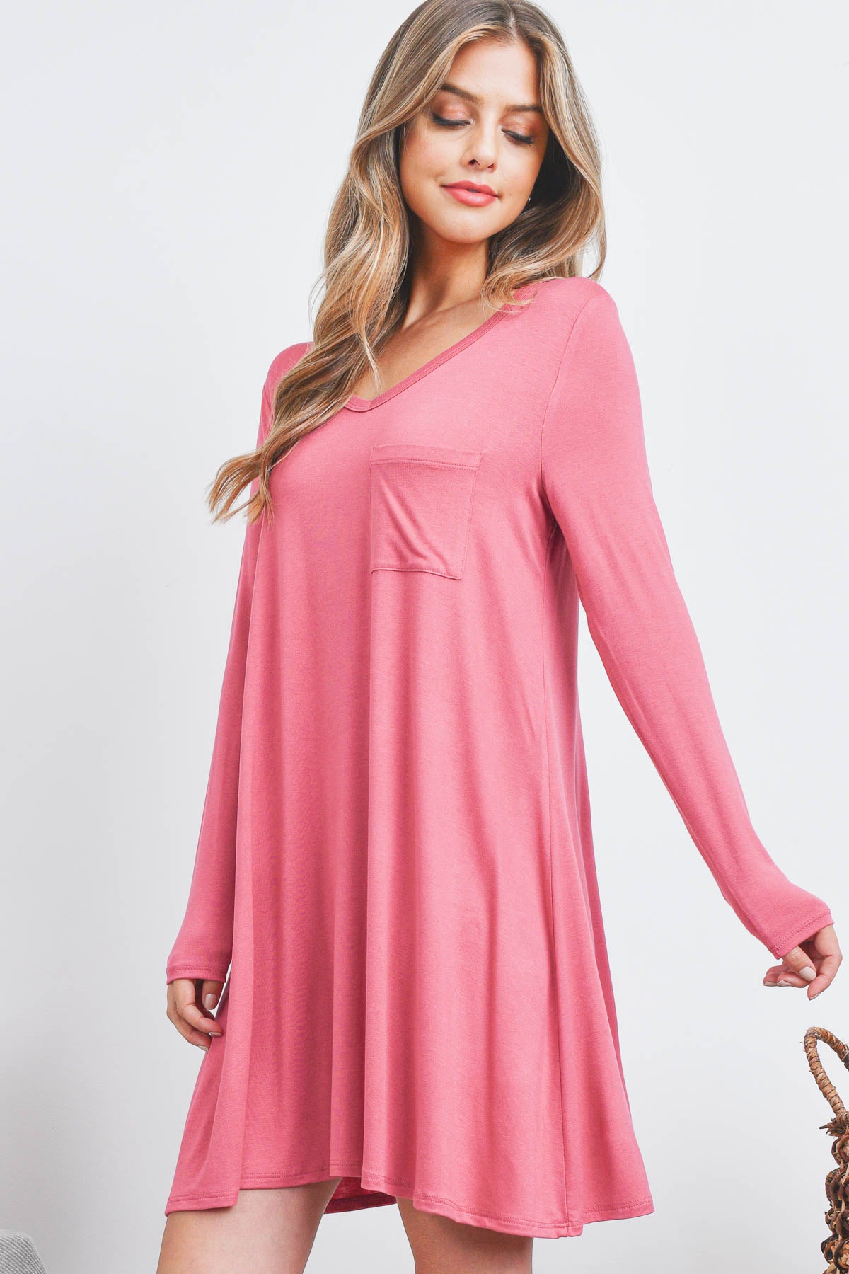 Long sleeve pocket front swing mauve dress