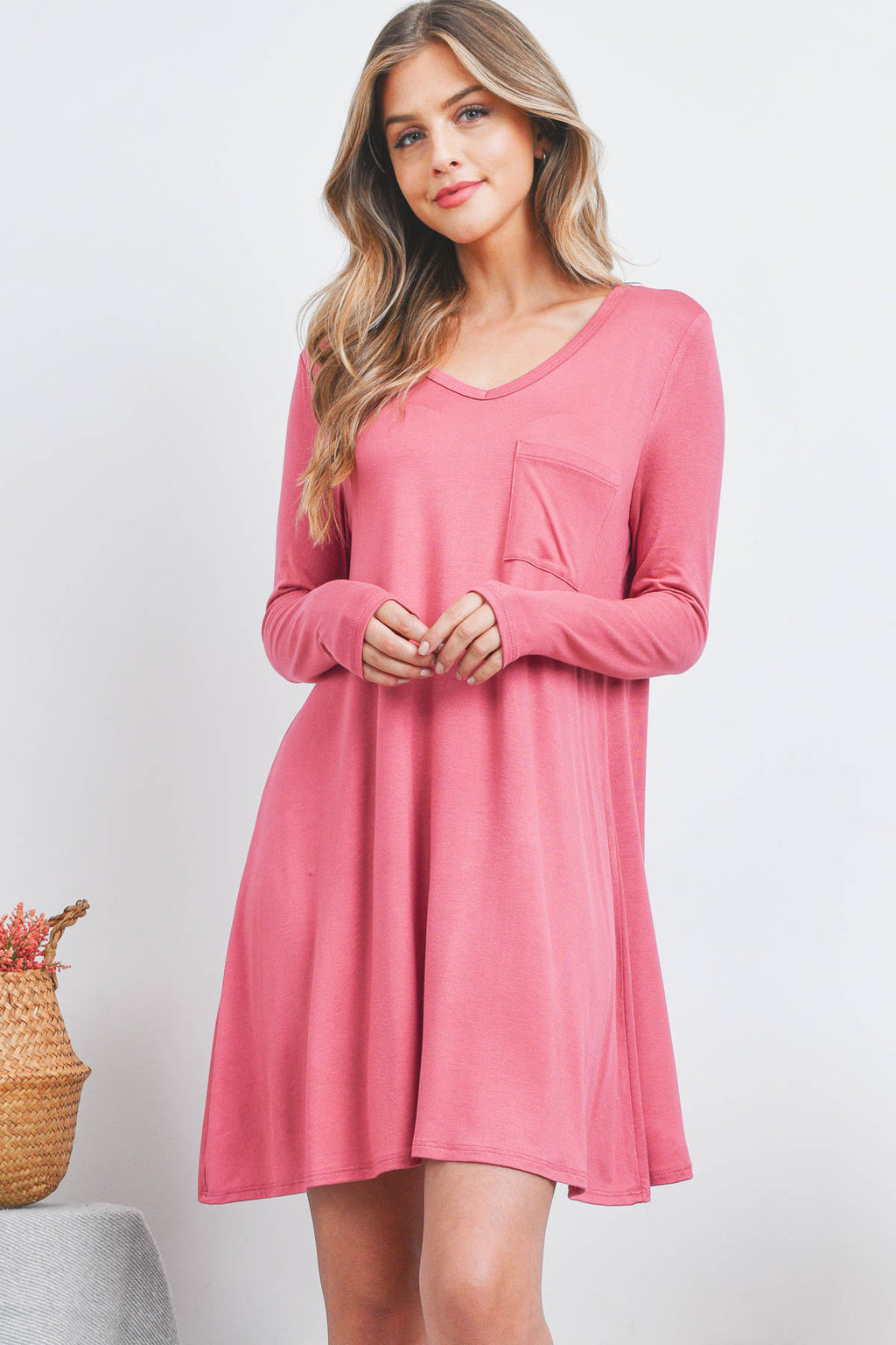 Long sleeve pocket front swing mauve dress