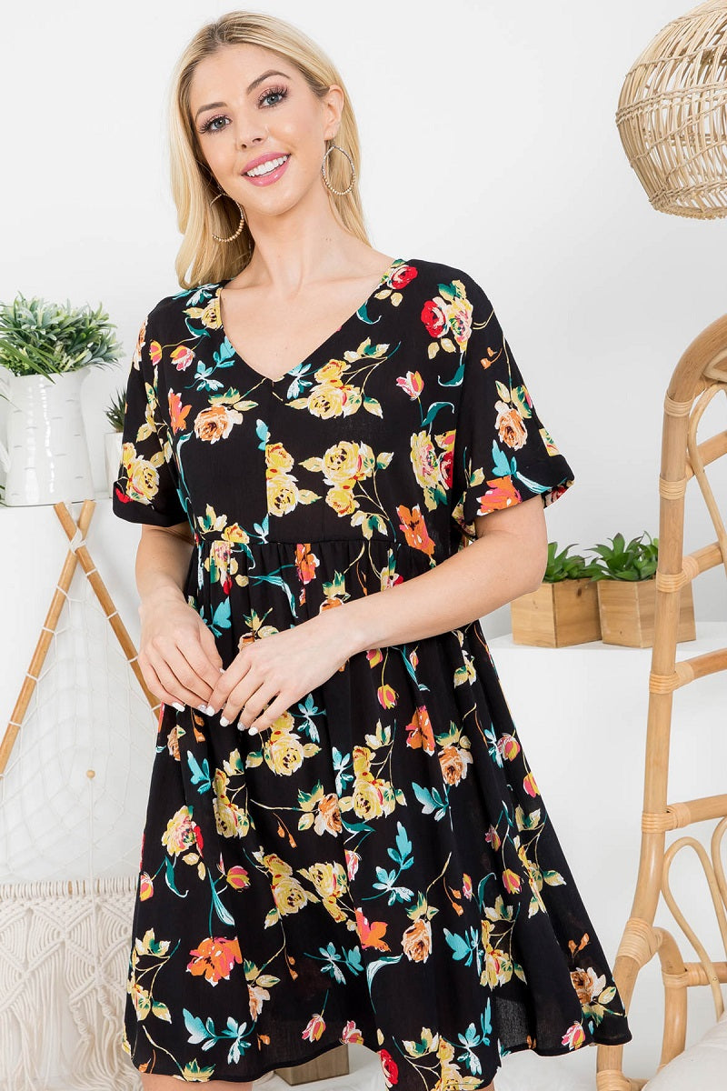 V neck folded short sleeve  black flower print