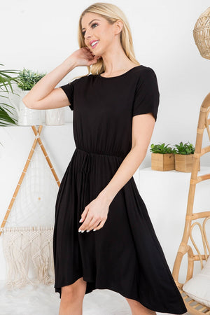 Short sleeve crew neck tie front dress black