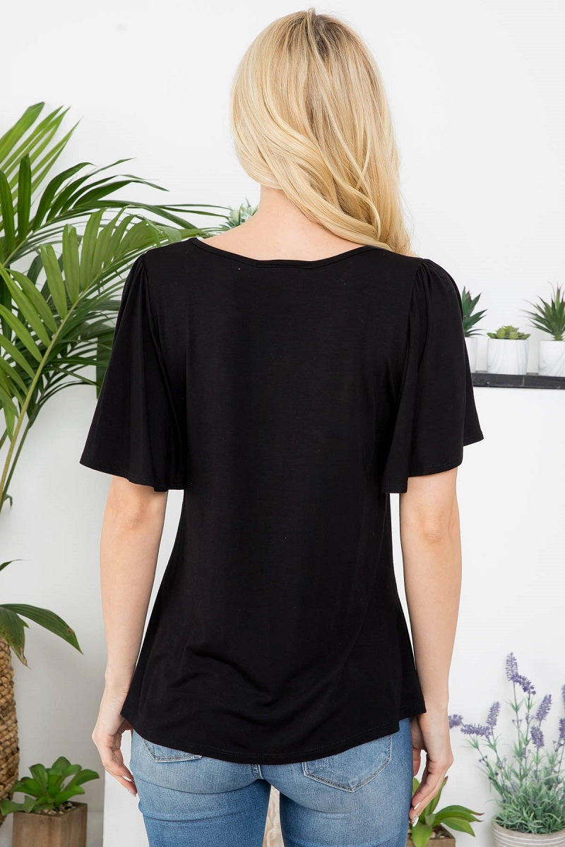 Flutter short sleeve scoop neck top in black color