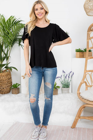 Flutter short sleeve scoop neck top in black color