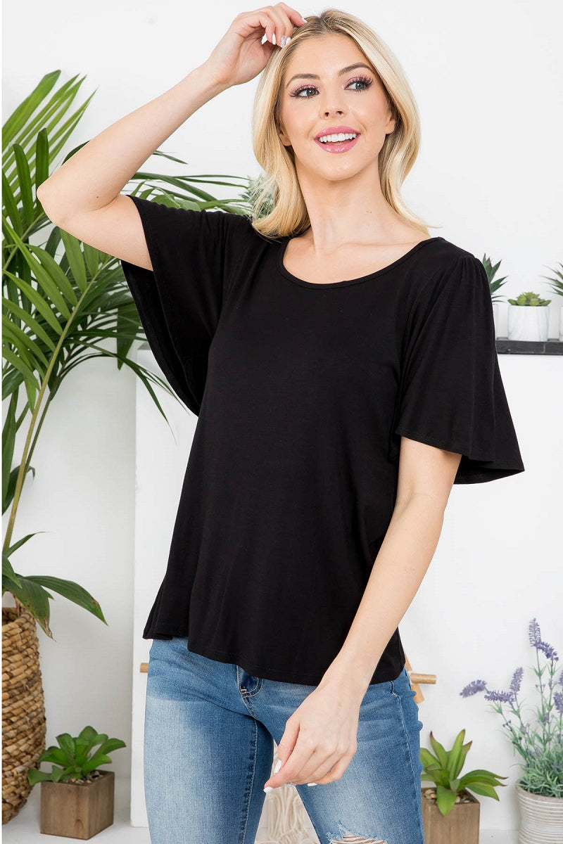 Flutter short sleeve scoop neck top in black color