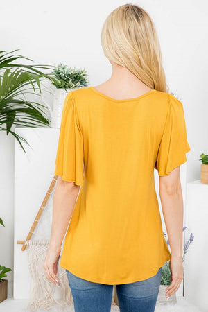 Flutter short sleeve scoop neck top in mustard color