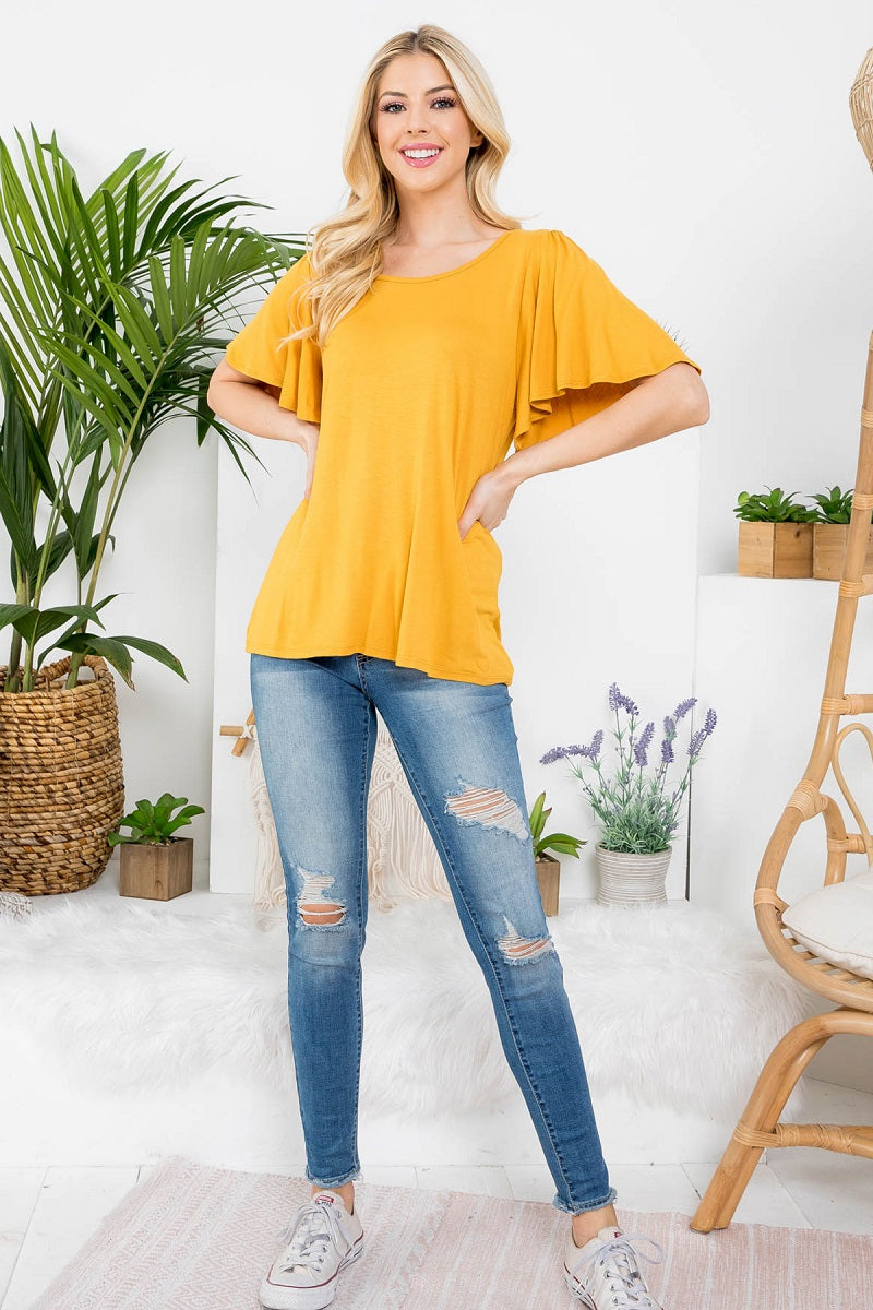 Flutter short sleeve scoop neck top in mustard color