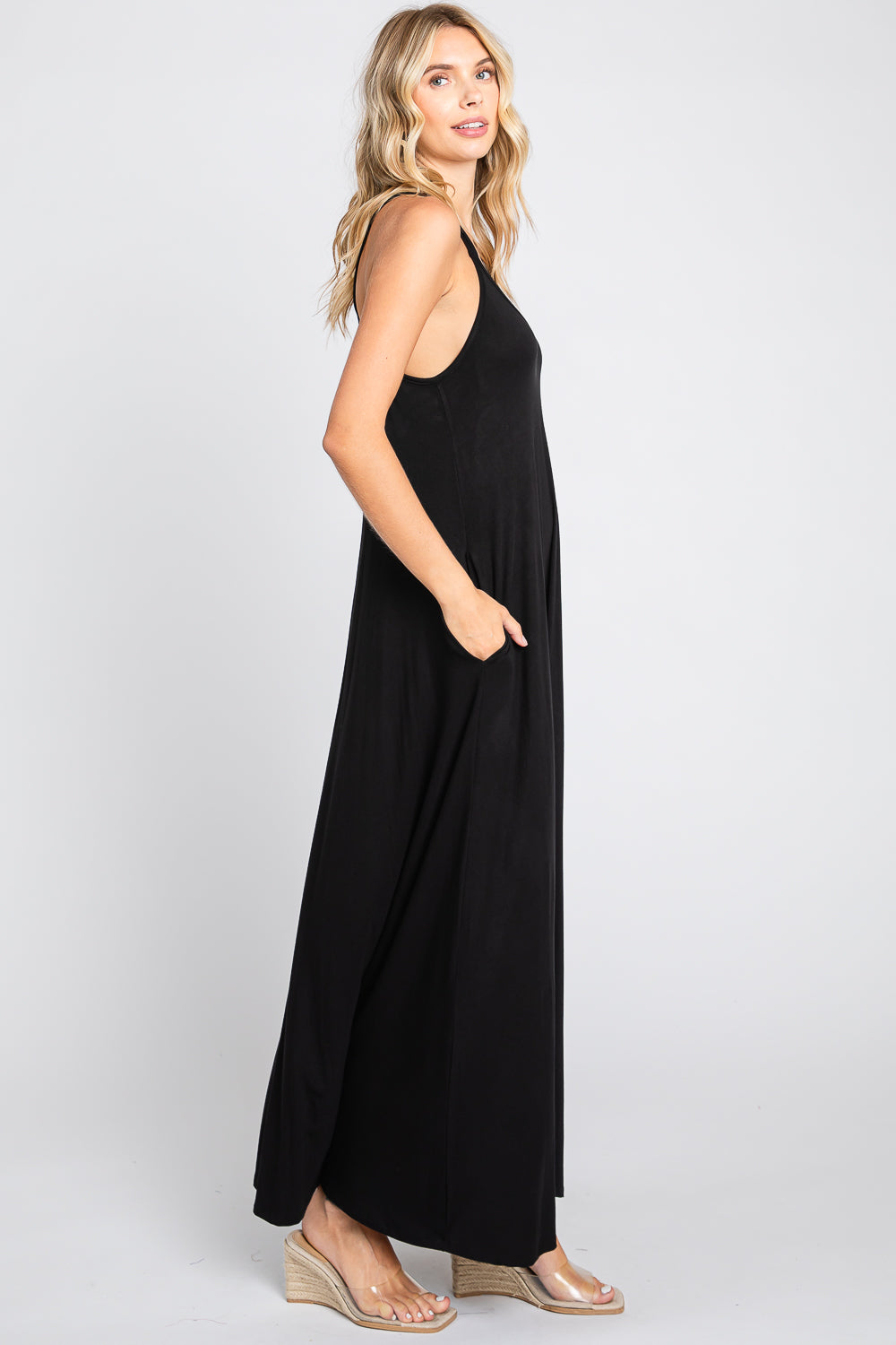 Double strap v neck maxi dress with pocket a line black