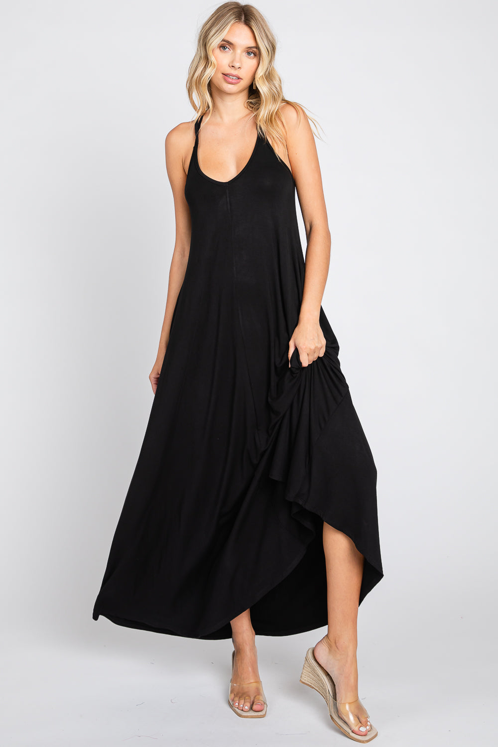 Double strap v neck maxi dress with pocket a line black