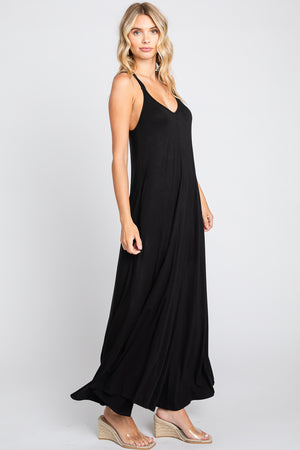 Double strap v neck maxi dress with pocket a line black