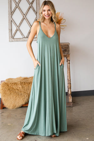 Double strap v neck maxi dress with pocket a line sage