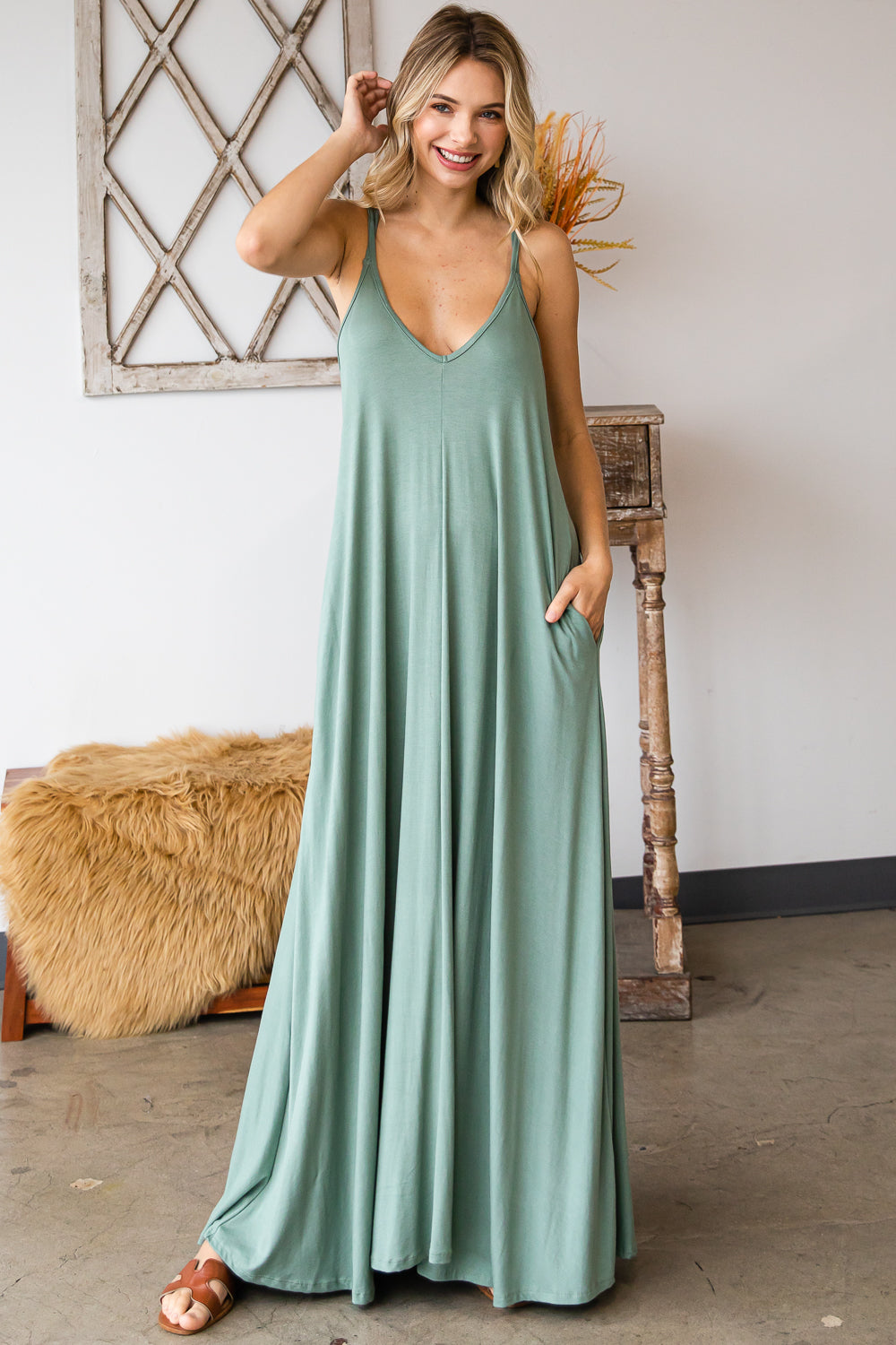 Double strap v neck maxi dress with pocket a line sage