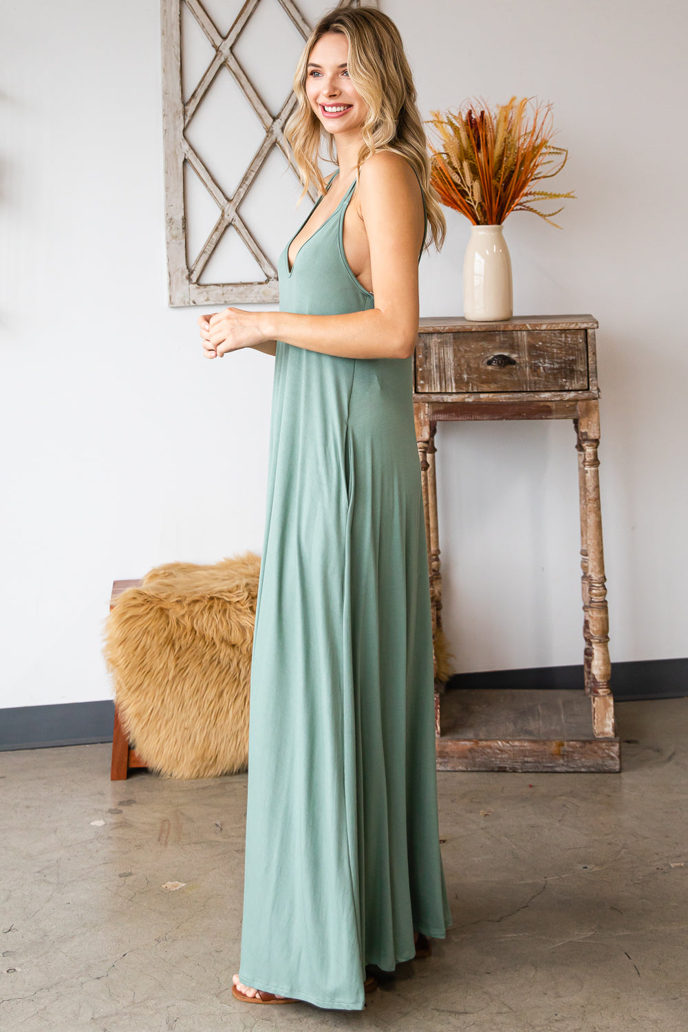 Double strap v neck maxi dress with pocket a line sage